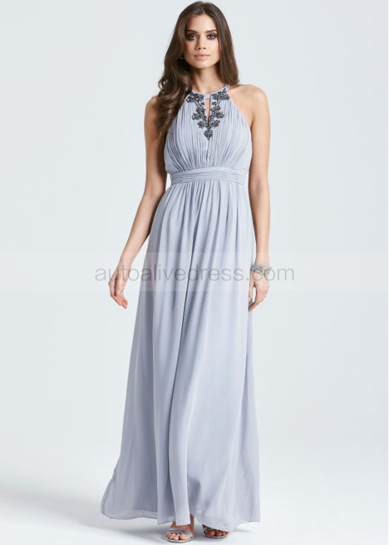Gray Chiffon Beads Halter Neckline Long Prom Dress 
